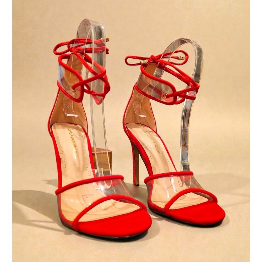 Red Strappy High Heel Sandals With Clear PVC & Ankle Tie Detail Elegant Evening - Picture 2 of 9